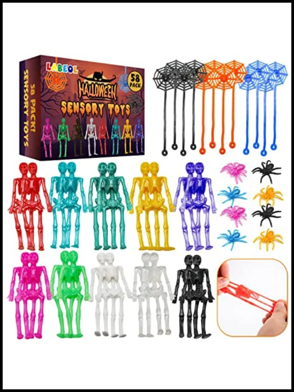 58PCS Halloween Party Favors Stretchy Skeleton Spider Toys for Kids Goody Bag